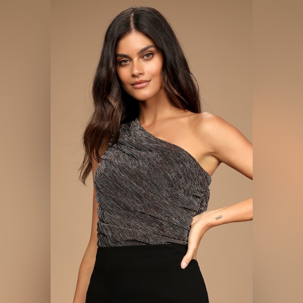 Lulu’s Party Mood Black Multi Metallic One-Shoulder Bodysuit